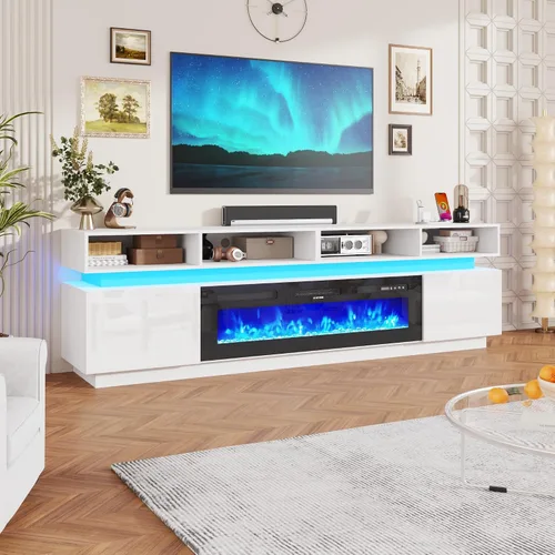Vista 15 de chartustriable Soporte de TV LED para TV de 80 pulgadas, centro de entretenimiento alto moderno con tomas de corriente, soporte de TV de alto