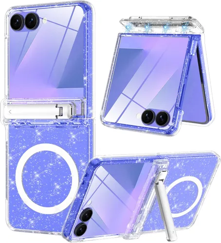 Vista 14 de Btscase Funda para Samsung Galaxy Z Flip 6, protector de pantalla frontal integrado, patrón de mármol dorado con purpurina de policarbonato duro