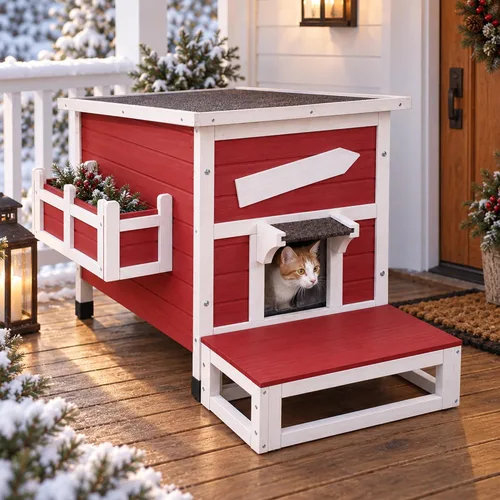 Vista 7 de Hicaptain Casa para gatos al aire libre, refugio aislado para gatos con puerta de escape, exterior resistente a la intemperie, casa pequeña