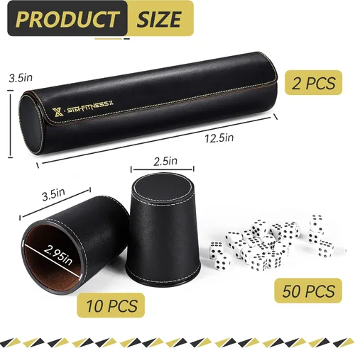 Vista 2 de Juego de tazas de cuero para dados, 5 tazas de dados negros + 25 dados + funda exclusiva de almacenamiento y transporte hecha de piel sintética