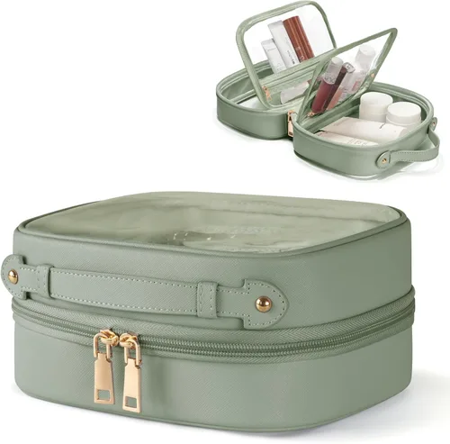 Vista 21 de Bolsa de Cosméticos Transparente de Doble Capa Bolsa de Artículos de Tocador de Viaje Estuche de Maquillaje Transparente con 4 Compartimentos, Bolsa