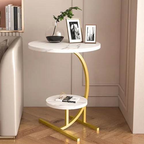Vista 4 de Mesa auxiliar pequeña en forma de C con textura de mármol redonda de 2 capas, mesa auxiliar para sofá, mesita de noche para sala de estar, cocina