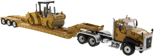 Vista 2 de Diecast Masters Tractor de cabina de día Caterpillar CT660 a escala 1:50 y remolque XL120 Lowboy con compactador de asfalto vibratorio Cat CB-534D