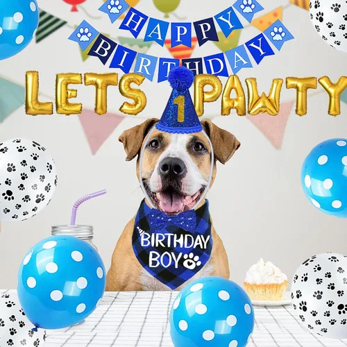 Vista 7 de STMK Decoraciones de cumpleaños para perros, sombrero de cumpleaños de perro de varios tamaños con números, bandana, corbatín, bandera, bandera