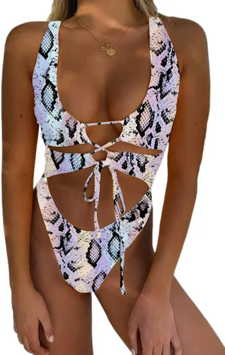 Vista 21 de Traje de baño sexy de una pieza con recortes, encaje, espalda descubierta y corte alto monokini para mujer Azul bebé
