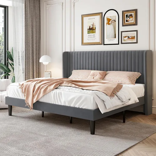 Vista 17 de SHA CERLIN - Marco de cama de terciopelo tamaño matrimonial, cabecera con alas copetudas, color negro 47'' Modern Vertical Channel Headboard