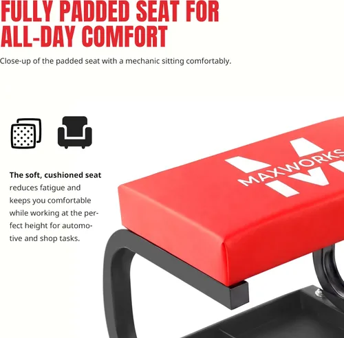 Vista 3 de MaxWorks Mecanics - Asiento rodante resistente con capacidad de 250 libras, con asiento acolchado y bandeja de herramientas de 3 secciones