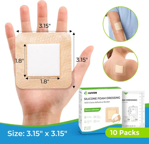 Vista 5 de AUVON Apósito de espuma de silicona con borde adhesivo grande, 3 x 3 pulgadas, 10 paquetes de vendajes para heridas con alta absorbencia, apósitos