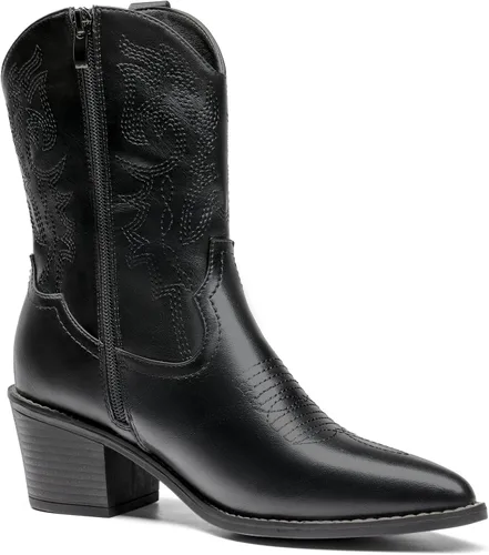 Vista 3 de DREAM PAIRS Botas vaqueras para mujer, puntera puntiaguda, tacón grueso, botas vaqueras con cierre de cremallera, botas occidentales cosidas