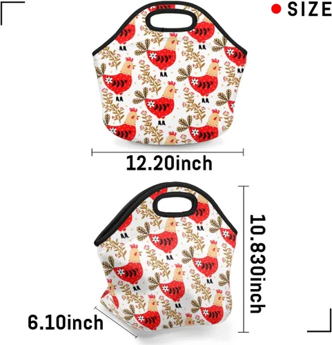 Vista 3 de Bolsa de almuerzo de neopreno con diseño de flores de pollo, suave, lavable, reutilizable, aislada, ligera, para preparación de comidas