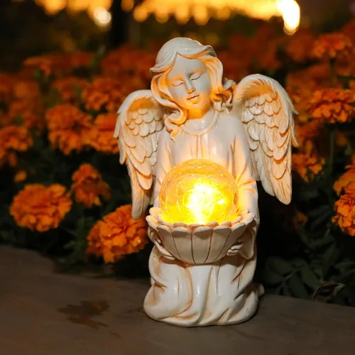Vista 10 de Figura de ángel, grandes estatuas de jardín de ángel para exteriores con luces LED solares de mariposa, decoración de césped, adorno escultórico