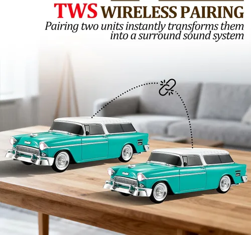 Vista 3 de Altavoz Bluetooth retro en forma de automóvil, calidad de sonido de alta definición, emparejamiento TWS, múltiples salidas de interfaz, altavoz Verde