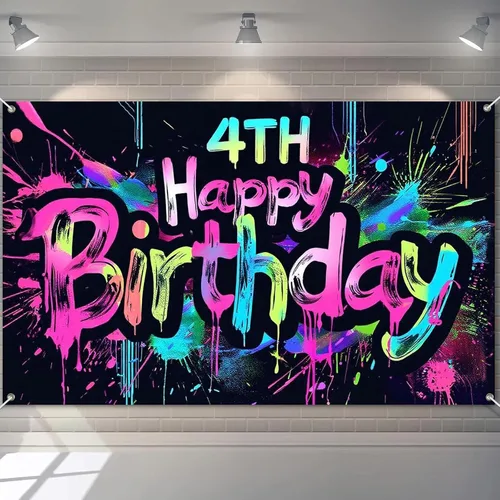 Vista 15 de HOMETITUTE Pancarta de Neón de Feliz 10mo Cumpleaños 71 x 43 pulgadas, Salpicadura de Pintura que Brilla en la Oscuridad, Telón de Fondo