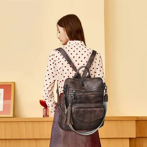 Vista 2 de OPAGE Mochila Bolso para Mujeres de Cuero Diseñador de Moda Mochila Bolso Mochila de Viaje Bolsas de Hombro para Damas con Muñequera, Mochilas