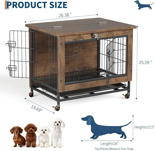 Vista 2 de Mueble de jaula para perros pequeños con ruedas, perrera de madera resistente de 2 puertas, para interiores, mesa auxiliar de jaula para perros