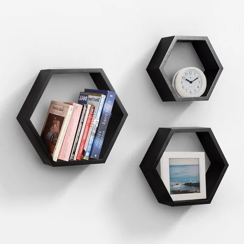 Vista 5 de AHDECOR Estantes flotantes hexagonales montados en la pared, organizador de pared de madera, estante colgante para decoración del hogar, juego de 3