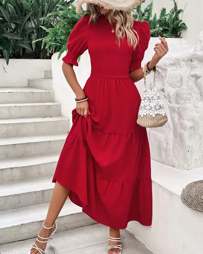 Vista 6 de BTFBM Vestidos para mujer, cuello redondo, casual, de verano, con volantes, manga corta, bohemio, con niveles, fruncido, largo, con estampado floral