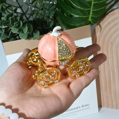 Vista 9 de Caja de joyería de carro de calabaza de diamante de plata, carro de calabaza de Cenicienta decorativo con bisagras caja de baratija de joyería