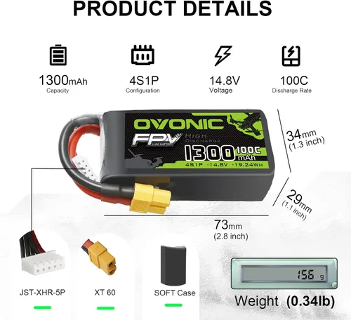 Vista 2 de OVONIC 4s Lipo Batería 100C 1300mAh 14.8V Lipo Batería con XT60 Conector para RC FPV Racing Drone Quadcopter