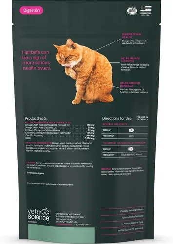 Vista 10 de VetriScience Golosinas para Control de Bolas de Pelo, Remedio Suave para Bolas de Pelo para Gatos, Suplemento de Omega-3 y Fibra, Apoyo a
