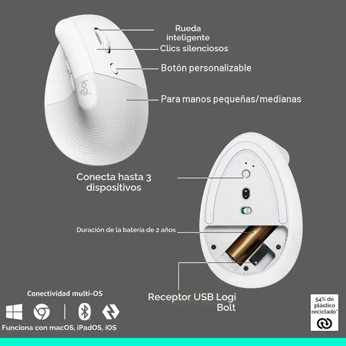 Vista 7 de Logitech Wave Keys & Lift Vertical Mouse - Combo de teclado y mouse inalámbrico ergonómico - con reposo de palma acolchado, Easy-Switch, Bluetooth