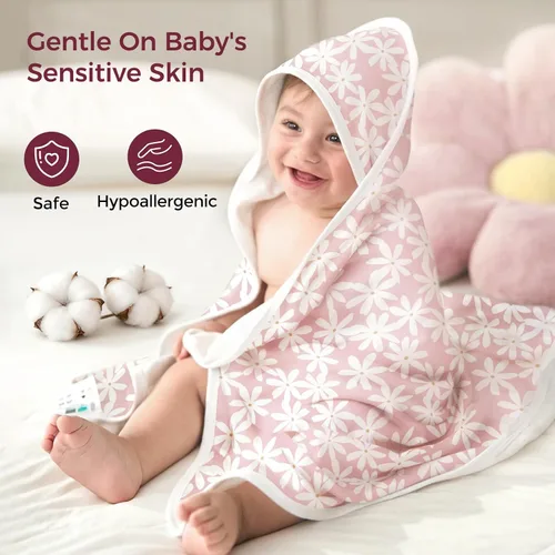 Vista 3 de Momcozy Toalla de bebé con capucha, ultra suave y absorbente, juego de toallas de baño grandes para mayor comodidad y suavidad en la piel del bebé