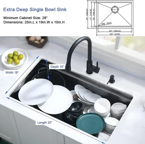 Vista 5 de Fregadero de cocina negro de 25 pulgadas para montaje inferior, fregadero de cocina de acero inoxidable negro de 25 x 19 pulgadas, fregadero