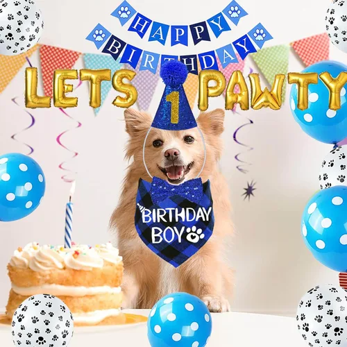 Vista 2 de STMK Decoraciones de cumpleaños para perros, sombrero de cumpleaños de perro de varios tamaños con números, bandana, corbatín, bandera, bandera