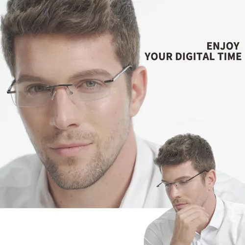 Vista 6 de Paquete de 3 lentes de lectura para hombre, bloqueo de luz azul, lectores de anteojos ligeros de metal sin montura para hombre, antifatiga ocular
