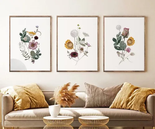 Vista 8 de NATVVA 3 piezas de arte de pared botánico de flores salvajes, impresiones en lienzo de hojas de línea azul marino, póster floral, pintura para sala