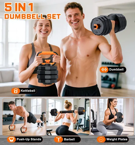 Vista 2 de 5-in-1 Adjustable Dumbbell Set, 33/44/66/88lbs Free Weights Set with Connector, Used as Kettlebells, Barbell, Push up Stand, Standard 1" Plates