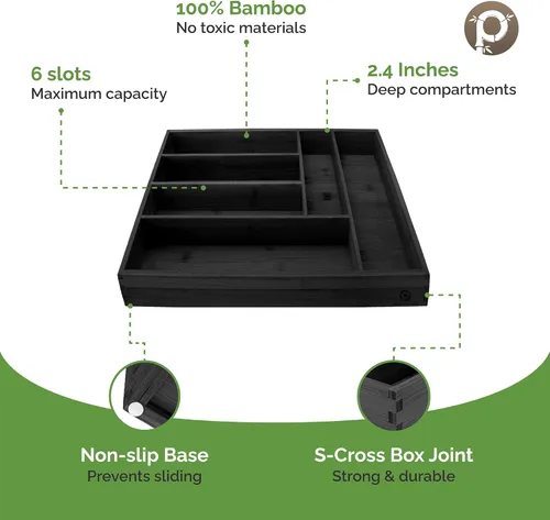 Vista 5 de Pristine Bamboo bandeja organizadora de cubiertos – Utensilios de mesa, cubiertos, soporte de cubiertos para cajón – Organizador de cajón de madera