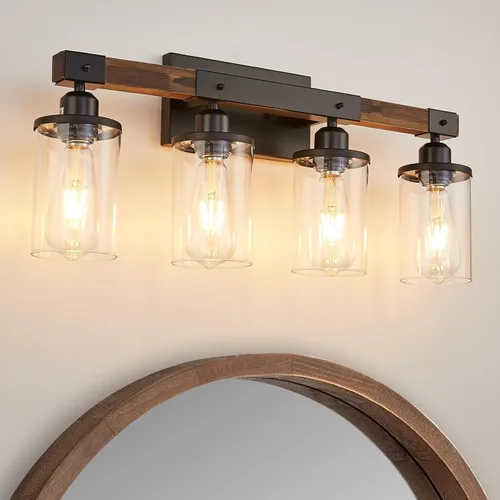 Vista 8 de Luminarias de Baño de 3 Luces, Luz de Tocador de Baño Estilo Granja Madera Rústica Industrial Vintage Negra Pequeña Lámpara de Pared Aplique sobre