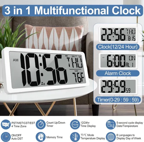 Vista 5 de Reloj Atómico 15" Reloj de Pared Digital Reloj de Pared Atómico Funciona con Pilas Reloj de Alarma Digital Grande con Día, Fecha y Temperatura