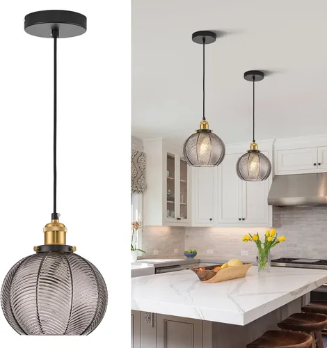 Vista 16 de Lámpara colgante vintage de 7.8 pulgadas, 2 luces, para fregadero de cocina, con vidrio soplado a mano verde, pequeña lámpara colgante para cocina