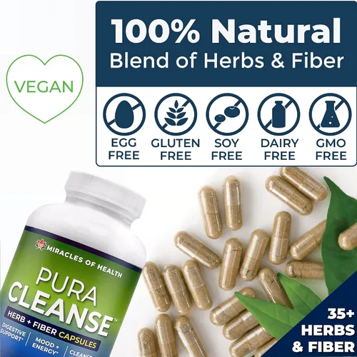 Vista 4 de Pura Cleanse Fiber Caps Cápsulas de desintoxicación de hierbas y fibra 100% naturales, limpieza diaria y desintoxicación para el colon, la piel