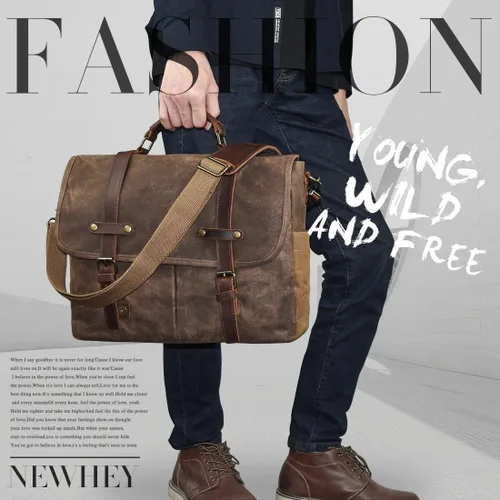Vista 5 de Bolso mensajero para hombre de 15.6 pulgadas, impermeable, de cuero auténtico, encerado, maletín de lona grande, bolso de hombro de cuero resistente