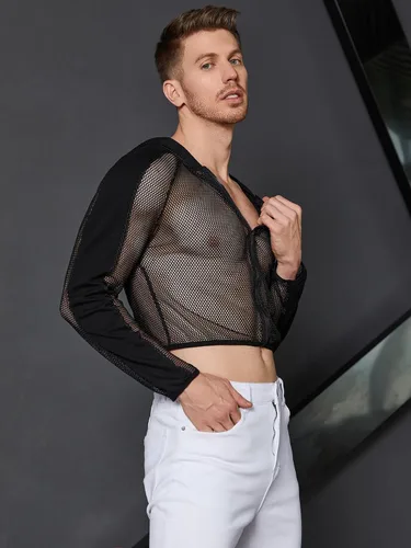 Vista 3 de WDIRARA Sudadera de manga larga con capucha y cremallera frontal de malla transparente para hombre