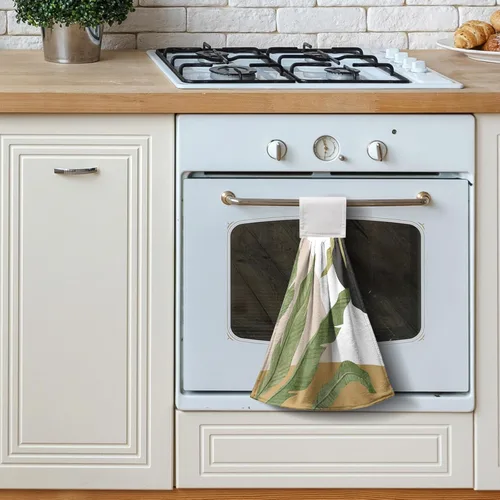 Vista 2 de Juego de 2 toallas de cocina colgantes de hojas tropicales de verano, color verde, hojas de palmera, con bucles para colgar, suaves y absorbentes