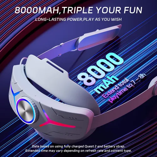 Vista 2 de QWOS RGB Comfort Battery Head Strap 8000mAh Compatible with Oculus Quest 2 - Extend 7hrs Playtime - Adjustable Elite Strap with Super Soft Thickened