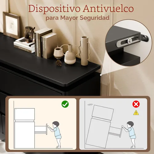 Vista 7 de Gyfimoie Cómoda Negra de 6 Cajones para Dormitorio, Cajonera Larga de 47.2" con Estación de Carga y Luces LED, Gabinete de Almacenamiento de Madera