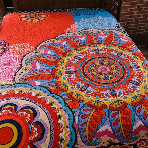 Vista 4 de LAMEJOR Juego de edredón de 3 piezas, tamaño Queen, bohemio, ligero, patrón de mandala, reversible, microfibra, multicolor