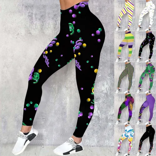 Vista 5 de sdbrld Leggings de Mardi Gras para mujer, color morado, gráfico, cintura alta, elásticos, con estampado de carnaval, festival, fiesta, yoga