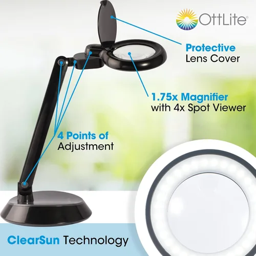 Vista 2 de OttLite Lámpara de escritorio LED con lupa que ahorra espacio, aumento de grado óptico, brazo ajustable, cabezal giratorio, portátil para viajar