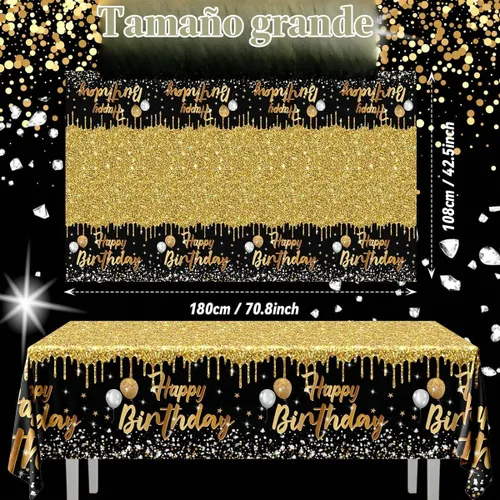 Vista 5 de Paquete de 3 Manteles de Feliz Cumpleaños Manteles Negros y Dorados Cubierta de Mesa de Plástico Mantel Rectangular de Cumpleaños para Mujeres