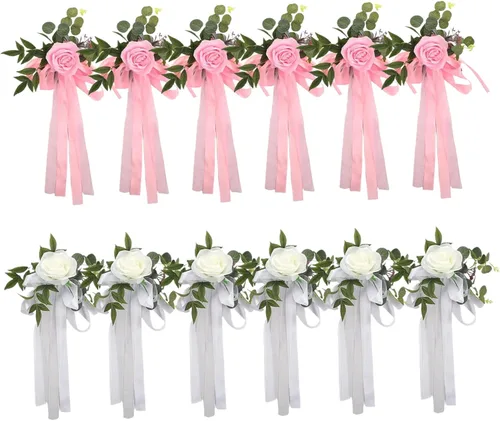 Vista 8 de Decoraciones de pasillo de boda, 6 rosas artificiales con cinta para decoración de pasillo de boda, decoración de silla de flores para bodas