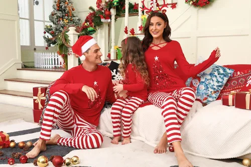 Vista 6 de iClosam Juego de pijamas familiares a juego, pijamas a rayas navideño, pijamas para papá, mamá, pijamas