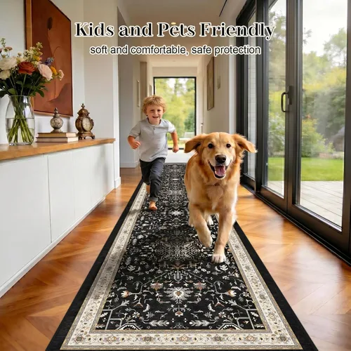 Vista 5 de nesrt Alfombra bohemia lavable de 2 x 10 pies, suave, antideslizante, extra larga, alfombra de cocina, color negro, vintage, geométrico, camino