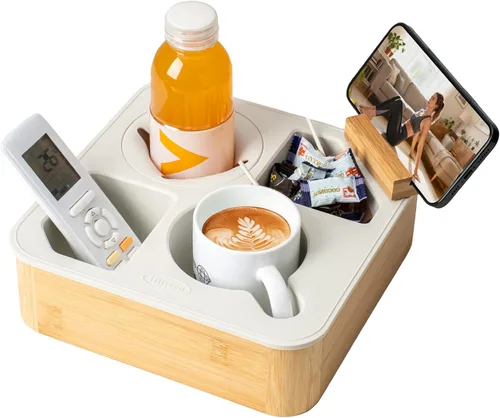 Vista 13 de Bandeja con Soporte para Tazas de Sofá, Caddy de Bambú de Silicona Hitseon con Soporte Giratoria para Teléfono para Cama y Asiento de Coche