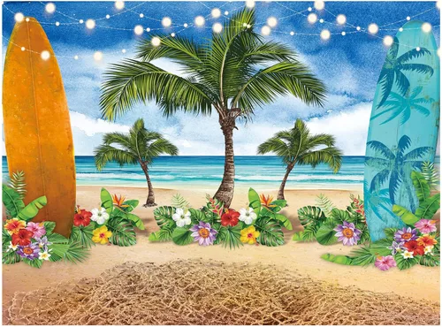 Vista 6 de Allenjoy Fondo de fotografía de verano para playa, océano, cielo azul, tabla de surf, palmeras tropicales, Luau para niños y niñas, decoración